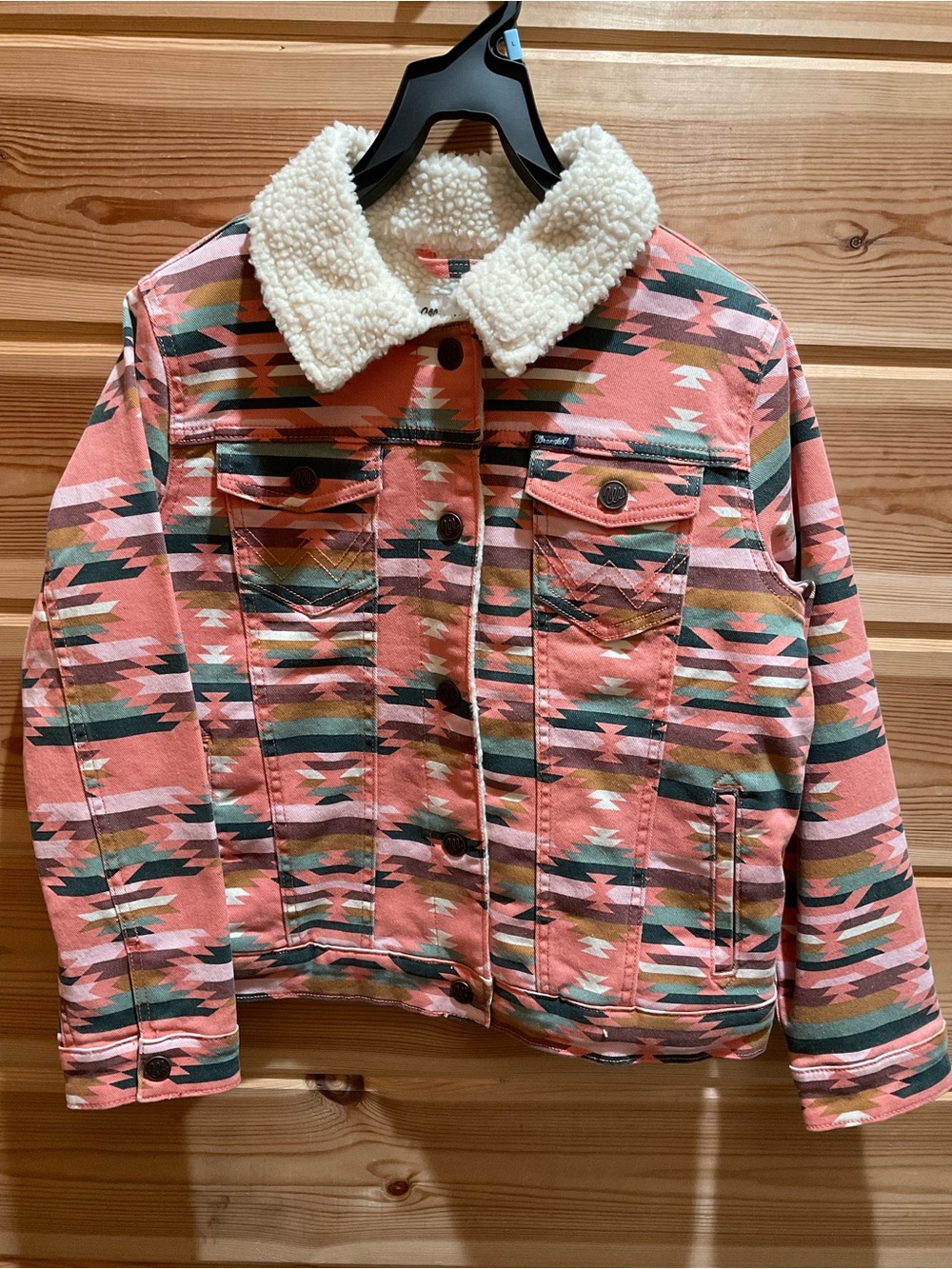 Wrangler Coral Aztec-Pattern Sherpa Collar Jean Jacket